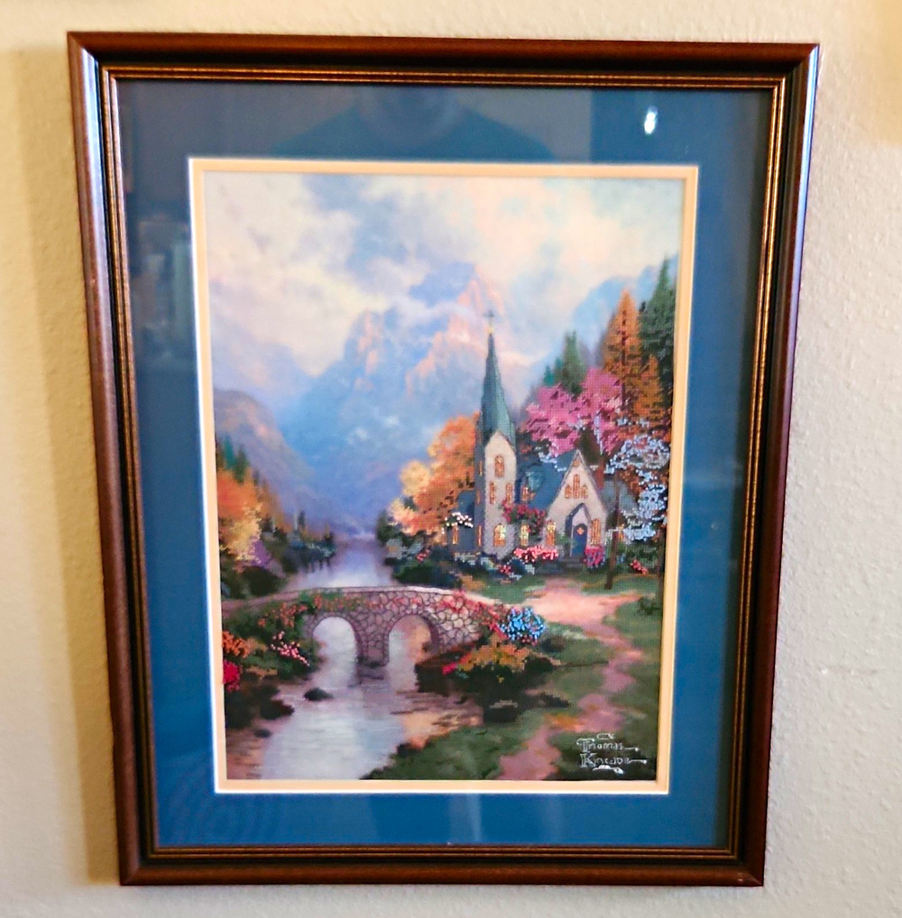 Framed Thomas Kinkade Mountain Chapel Embellished Cross Stitch 22" x 17.5"